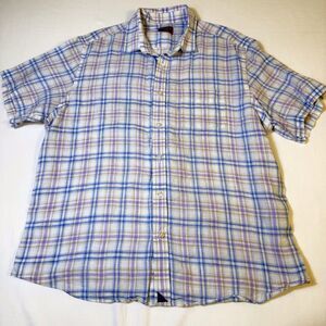 Untuckit Shirt Mens X Large White Blue Plaid Short‎ Sleeve 100% Linen Preppy